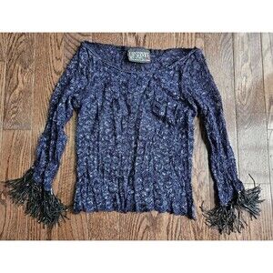 Vtg Y2K Lip Service Blue Sparkly Mesh 3/4 Sleeve Top Size S, Stretchy W/tassles